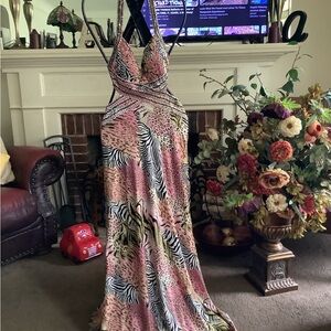 La Femme pink leopard multi animal print criss cross back sequin maxi dress sz 4